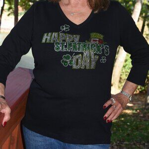 St. Patrick's rhinestone black long sleeve shirt XS S M L XL XXL 1X 2X 3X 4X 5